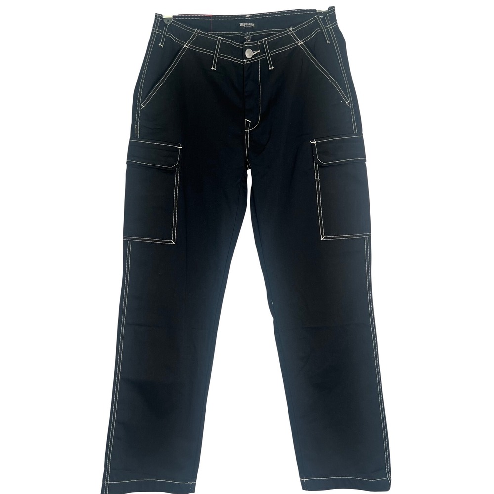 NWT True Religion Mens Black Contrast Stitch Cargo Pants 32 Straight Leg